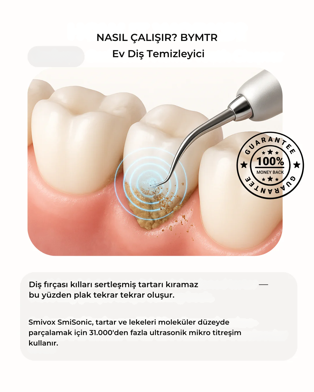 BYMTR Ultrasonik Diş Taşı Temizleme Cihazı – LED Işıklı, 3 Mod, IPX7 Su Geçirmez, 2 Yedek Başlık